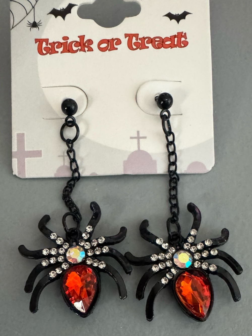 Halloween Black Spider Drop Earrings with Orange Crystal Gem